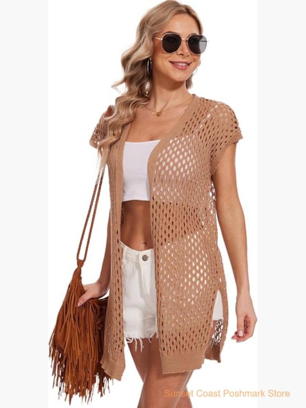 Sleeveless Hollow Crochet Cardigan Vest Long Open Front Duster